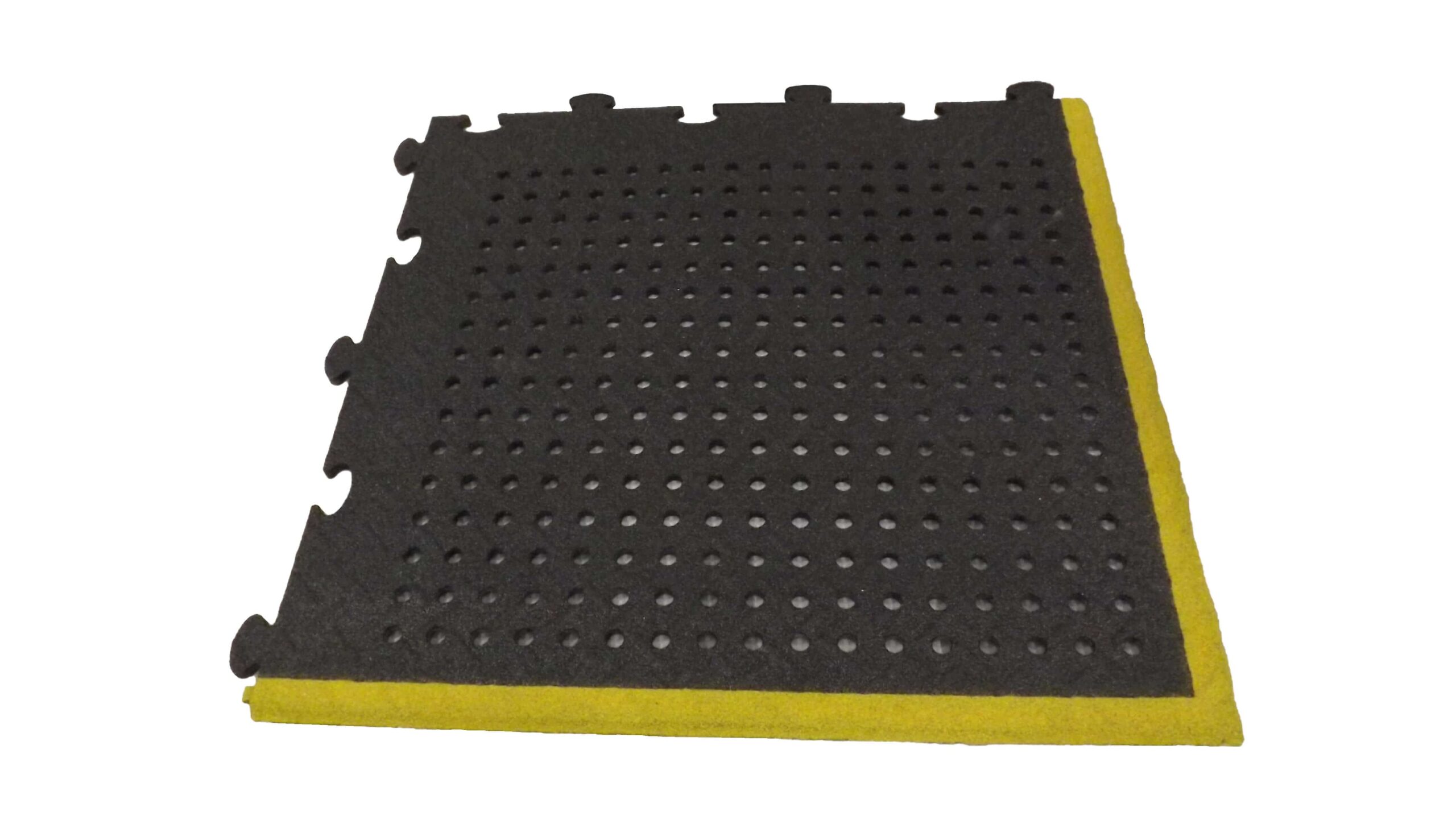 Heavyweight two tone yellow and black industrial mat with holes in it