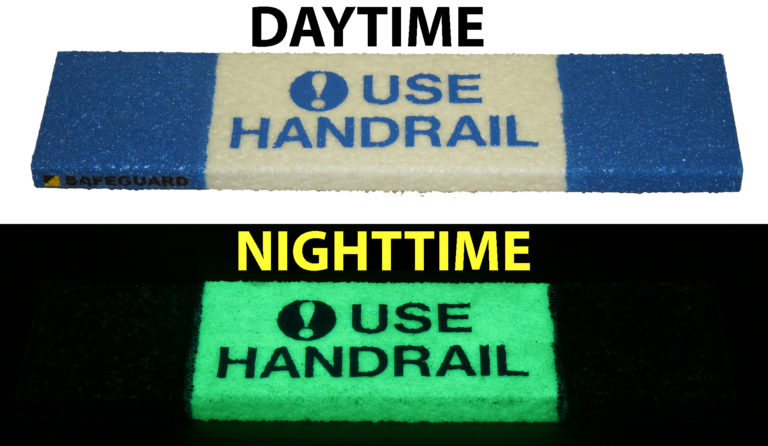 Image of Safeguard anti-slip step cover with safety messaging, use the trailing hand technique, embedded into surface.