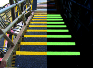 Day and night view of two-tone black with yellow HiGlo-Traction® (glow-in-the-dark) no-slip step covers