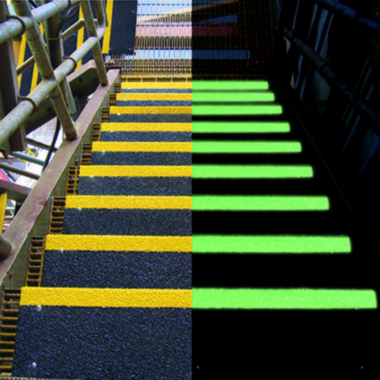 Day and night view of two-tone black with yellow HiGlo-Traction® (glow-in-the-dark) no-slip step covers
